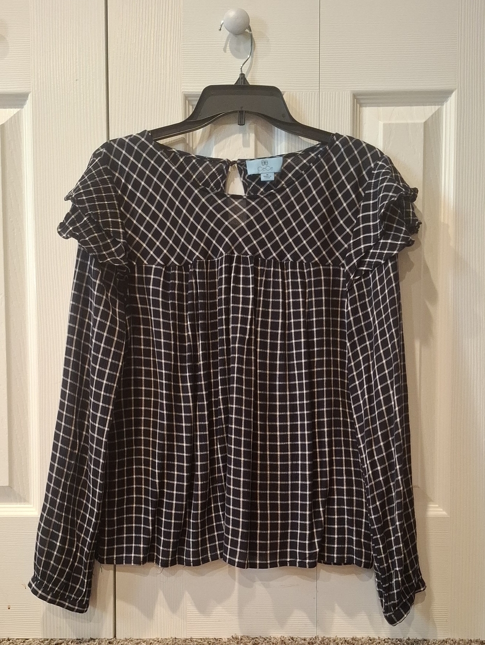 Women’s Navy Blue and White Windowpane Long-Sleeve Blouse
